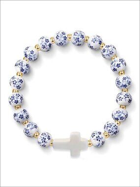 Cross Bracelet Ceramic Beaded Stretch Christian Jewelry Confirmation Gift